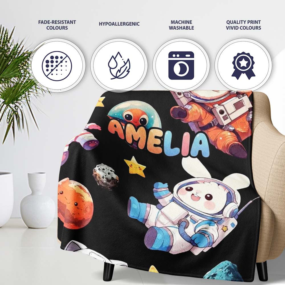Space Animals Astronaut Dog Bunny UFO Stars Seamless Black  Personalised Custom Name Super Soft Fleece Blanket Bed Sofa Throw