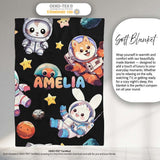 Space Animals Astronaut Dog Bunny UFO Stars Seamless Black  Personalised Custom Name Super Soft Fleece Blanket Bed Sofa Throw