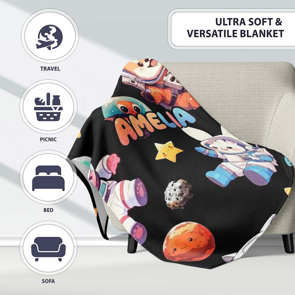 Space Animals Astronaut Dog Bunny UFO Stars Seamless Black  Personalised Custom Name Super Soft Fleece Blanket Bed Sofa Throw