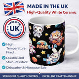 Personalized Custom Name Space Animals Astronaut Dog Bunny UFO Stars Seamless Black 11oz Ceramic Coffee Tea Mug White Large Handle