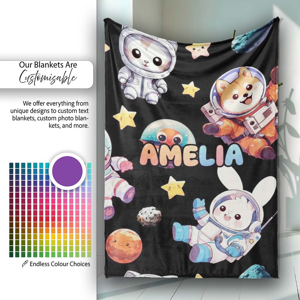 Space Animals Astronaut Dog Bunny UFO Stars Seamless Black  Personalised Custom Name Super Soft Fleece Blanket Bed Sofa Throw