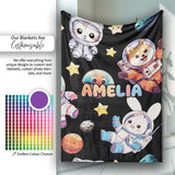 Space Animals Astronaut Dog Bunny UFO Stars Seamless Black  Personalised Custom Name Super Soft Fleece Blanket Bed Sofa Throw
