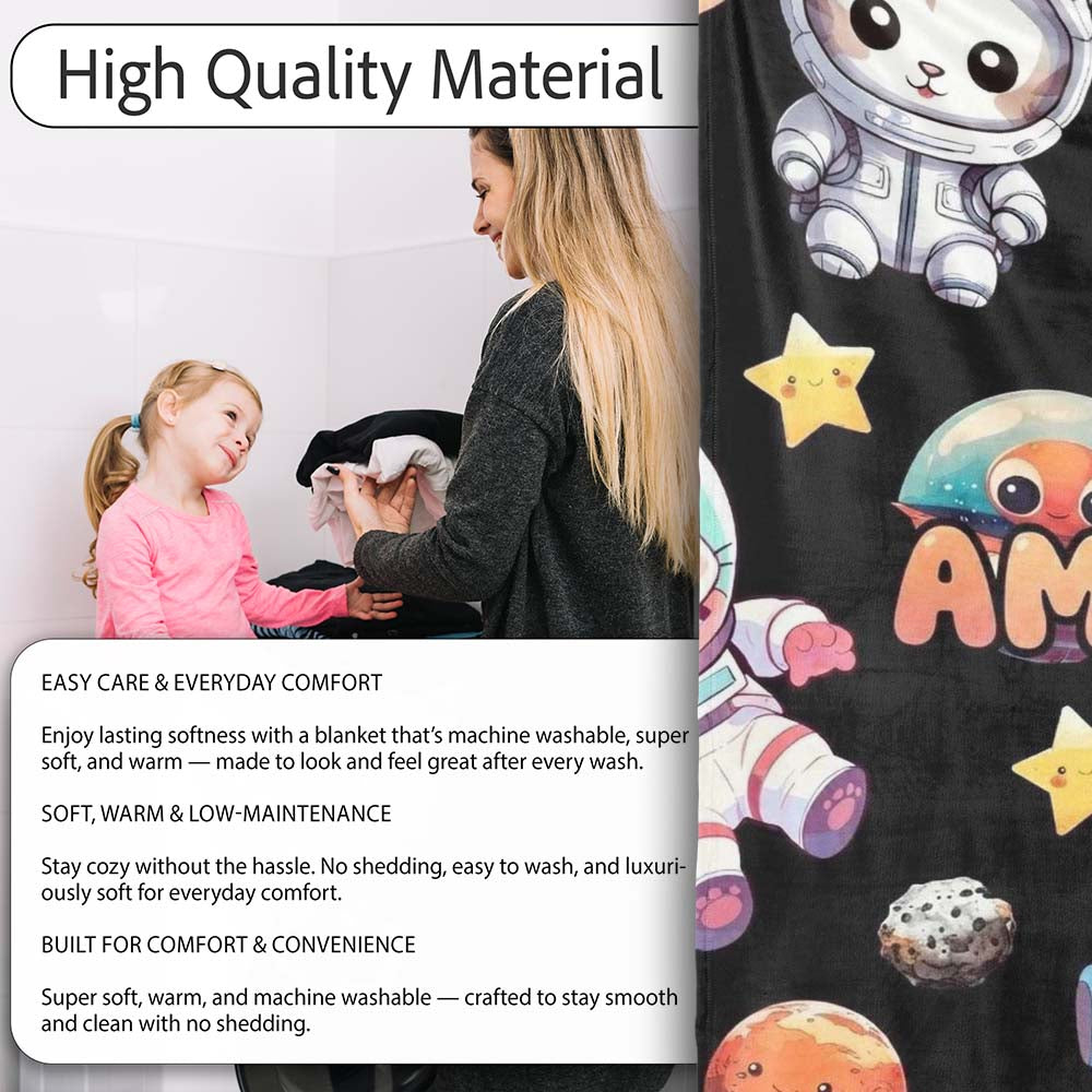 Space Animals Astronaut Dog Bunny UFO Stars Seamless Black  Personalised Custom Name Super Soft Fleece Blanket Bed Sofa Throw