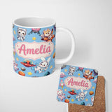 Personalized Custom Name Space Animals Astronaut Dog Bunny UFO Stars Seamless Blue 11oz Ceramic Coffee Tea Mug White Large Handle