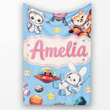 Space Animals Astronaut Dog Bunny UFO Stars Seamless Blue  Personalised Custom Name Super Soft Fleece Blanket Bed Sofa Throw