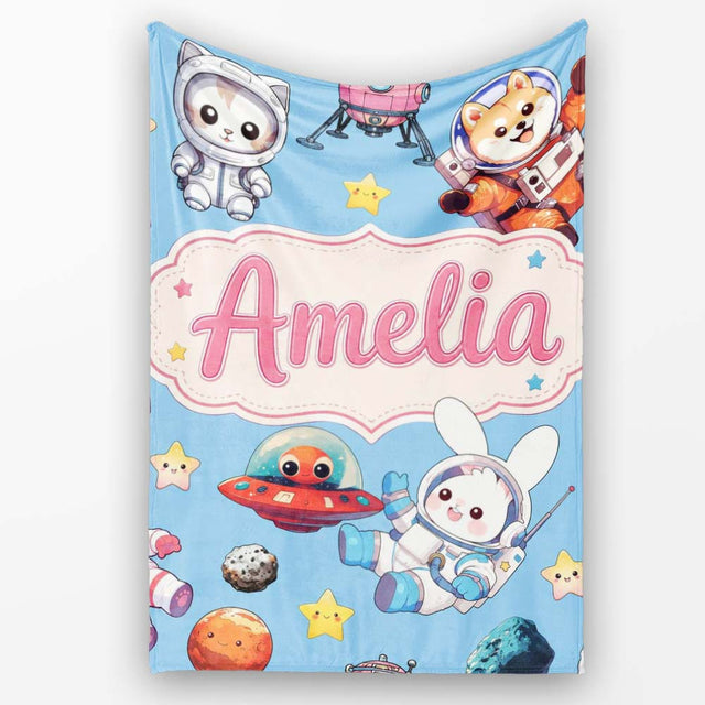 Space Animals Astronaut Dog Bunny UFO Stars Seamless Blue  Personalised Custom Name Super Soft Fleece Blanket Bed Sofa Throw