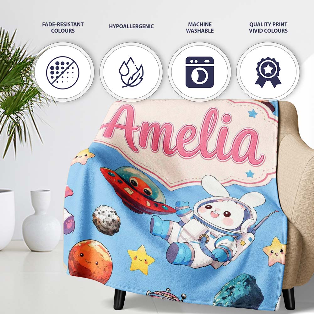 Space Animals Astronaut Dog Bunny UFO Stars Seamless Blue  Personalised Custom Name Super Soft Fleece Blanket Bed Sofa Throw