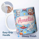 Personalized Custom Name Space Animals Astronaut Dog Bunny UFO Stars Seamless Blue 11oz Ceramic Coffee Tea Mug White Large Handle