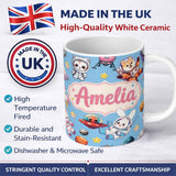 Personalized Custom Name Space Animals Astronaut Dog Bunny UFO Stars Seamless Blue 11oz Ceramic Coffee Tea Mug White Large Handle