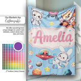 Space Animals Astronaut Dog Bunny UFO Stars Seamless Blue  Personalised Custom Name Super Soft Fleece Blanket Bed Sofa Throw