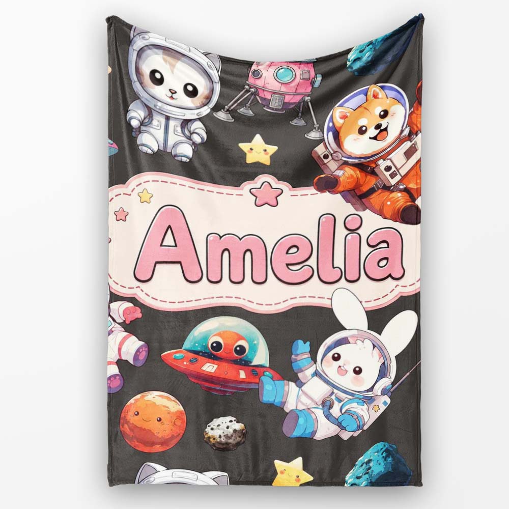 Space Animals Astronaut Dog Bunny UFO Stars Seamless Dark  Personalised Custom Name Super Soft Fleece Blanket Bed Sofa Throw