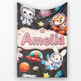 Space Animals Astronaut Dog Bunny UFO Stars Seamless Dark  Personalised Custom Name Super Soft Fleece Blanket Bed Sofa Throw