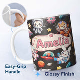 Personalized Custom Name Space Animals Astronaut Dog Bunny UFO Stars Seamless Dark 11oz Ceramic Coffee Tea Mug White Large Handle
