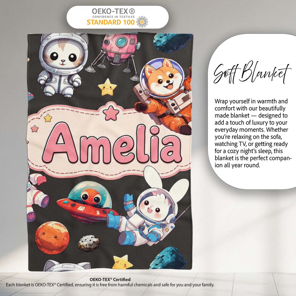 Space Animals Astronaut Dog Bunny UFO Stars Seamless Dark  Personalised Custom Name Super Soft Fleece Blanket Bed Sofa Throw
