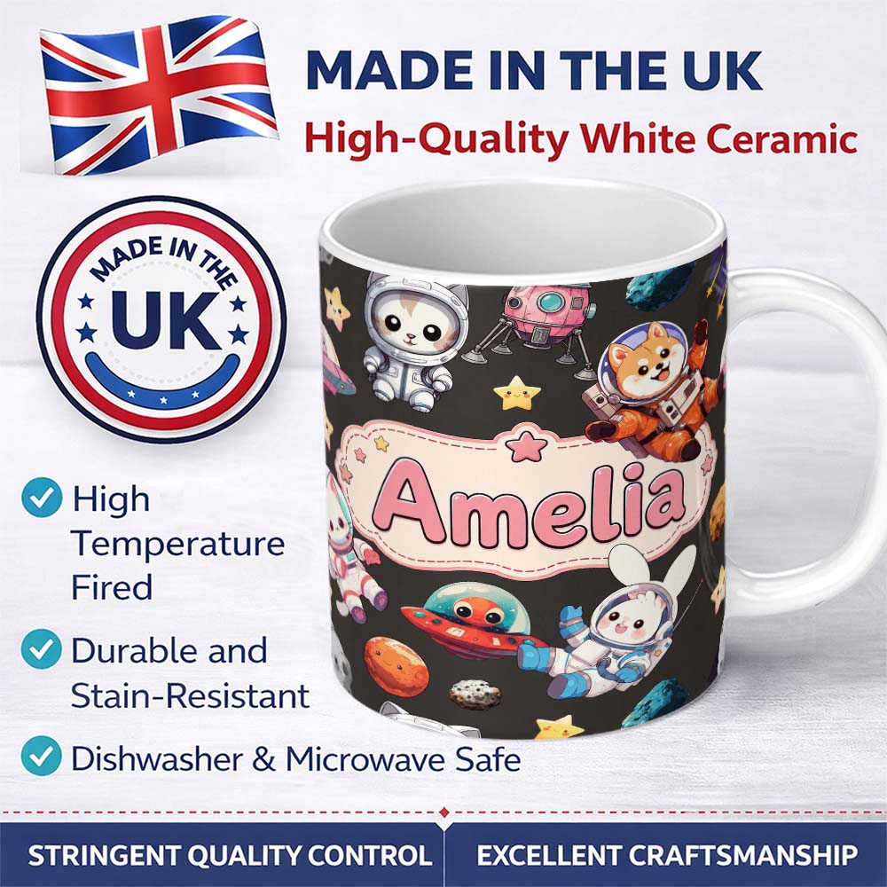 Personalized Custom Name Space Animals Astronaut Dog Bunny UFO Stars Seamless Dark 11oz Ceramic Coffee Tea Mug White Large Handle