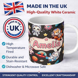 Personalized Custom Name Space Animals Astronaut Dog Bunny UFO Stars Seamless Dark 11oz Ceramic Coffee Tea Mug White Large Handle