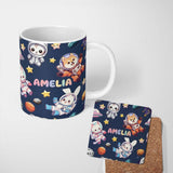 Personalized Custom Name Space Animals Astronaut Dog Bunny UFO Stars Seamless Navy 11oz Ceramic Coffee Tea Mug White Large Handle