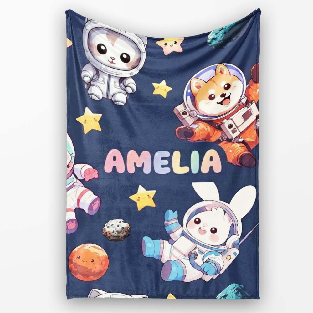Space Animals Astronaut Dog Bunny UFO Stars Seamless Navy  Personalised Custom Name Super Soft Fleece Blanket Bed Sofa Throw