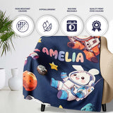 Space Animals Astronaut Dog Bunny UFO Stars Seamless Navy  Personalised Custom Name Super Soft Fleece Blanket Bed Sofa Throw