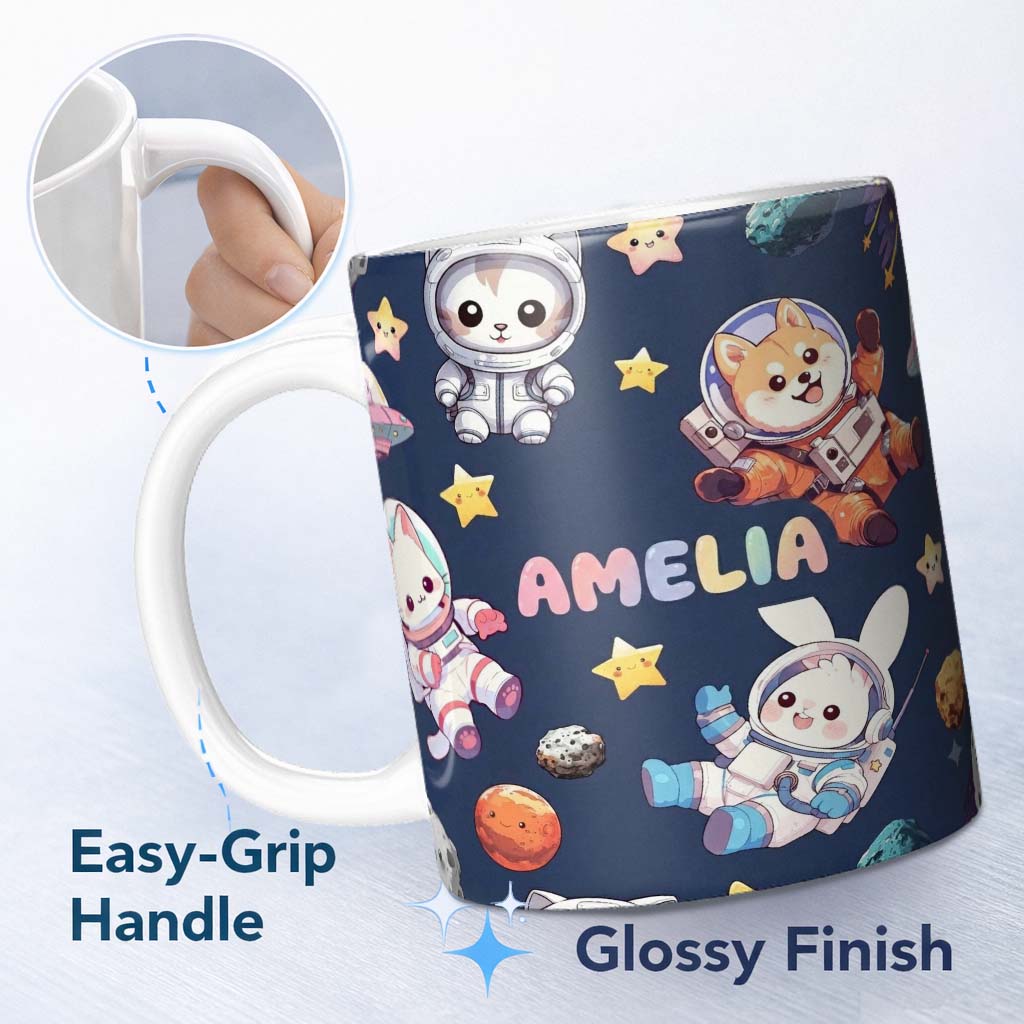 Personalized Custom Name Space Animals Astronaut Dog Bunny UFO Stars Seamless Navy 11oz Ceramic Coffee Tea Mug White Large Handle