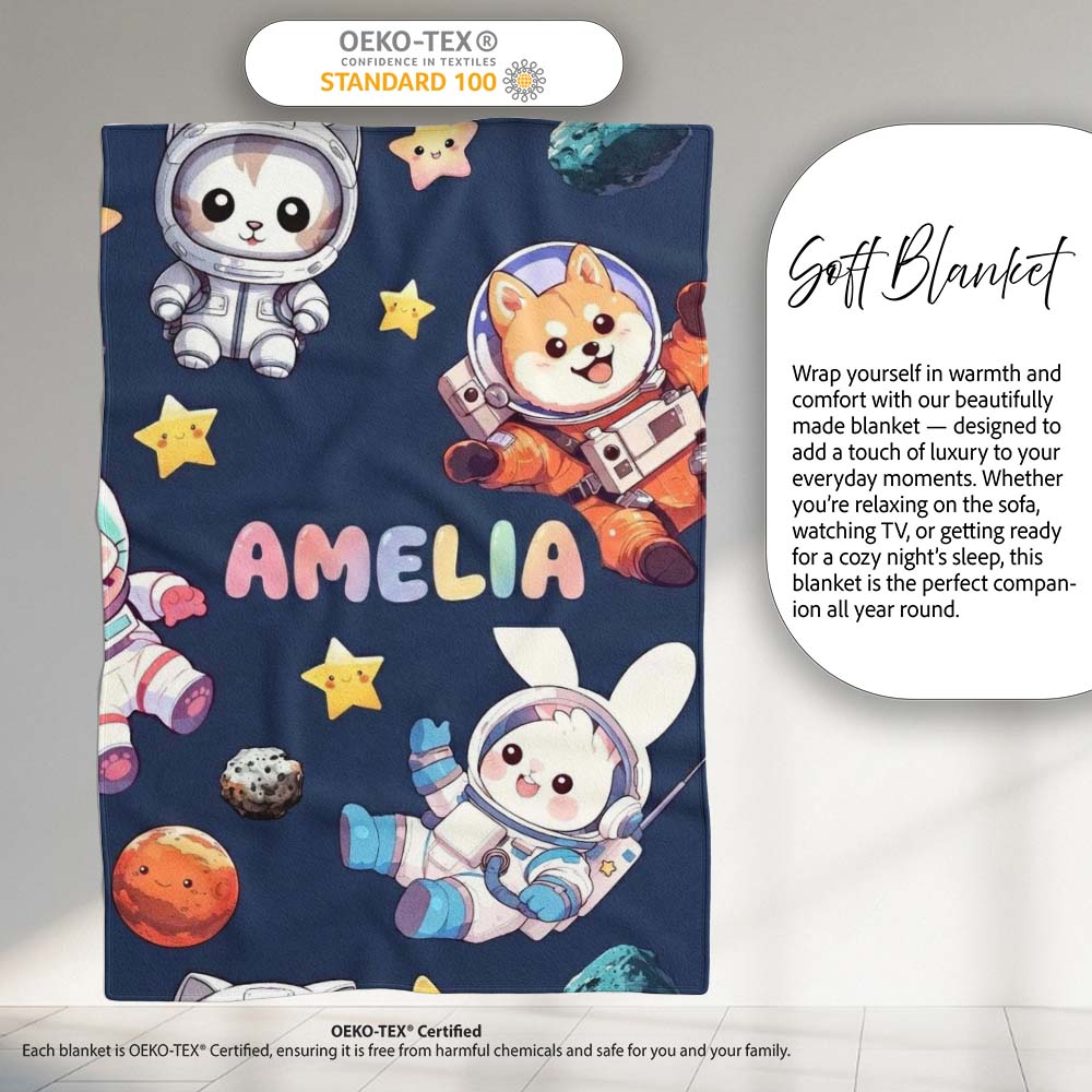 Space Animals Astronaut Dog Bunny UFO Stars Seamless Navy  Personalised Custom Name Super Soft Fleece Blanket Bed Sofa Throw