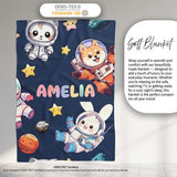Space Animals Astronaut Dog Bunny UFO Stars Seamless Navy  Personalised Custom Name Super Soft Fleece Blanket Bed Sofa Throw