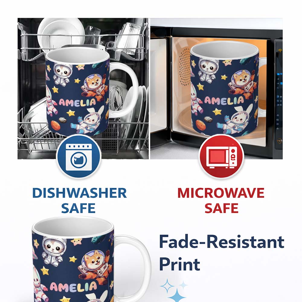 Personalized Custom Name Space Animals Astronaut Dog Bunny UFO Stars Seamless Navy 11oz Ceramic Coffee Tea Mug White Large Handle