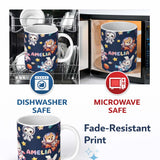 Personalized Custom Name Space Animals Astronaut Dog Bunny UFO Stars Seamless Navy 11oz Ceramic Coffee Tea Mug White Large Handle