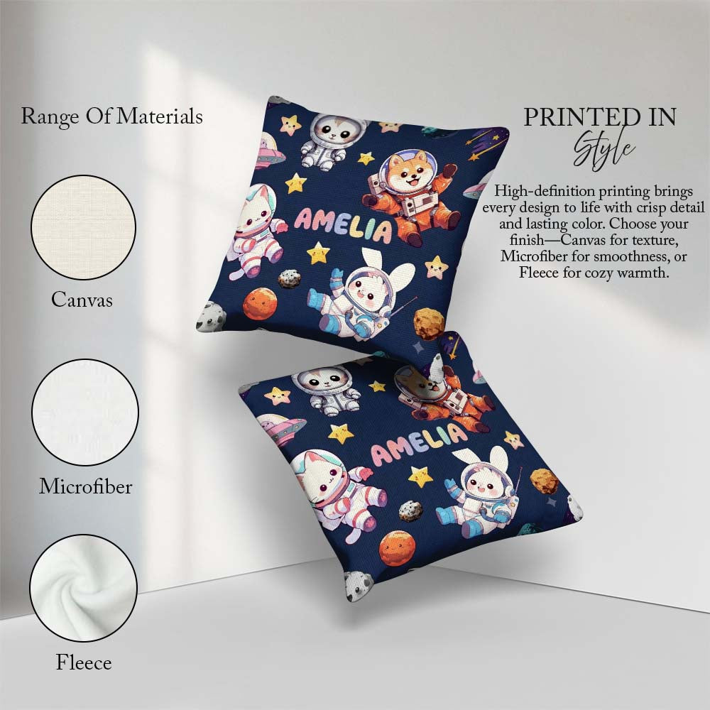 Custom Name Space Animals Astronaut Dog Bunny UFO Stars Seamless Square Filled Cushion Throw Pillow Sofa Bed Home Decor Zip Washable UK Made
