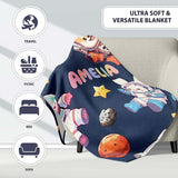 Space Animals Astronaut Dog Bunny UFO Stars Seamless Navy  Personalised Custom Name Super Soft Fleece Blanket Bed Sofa Throw