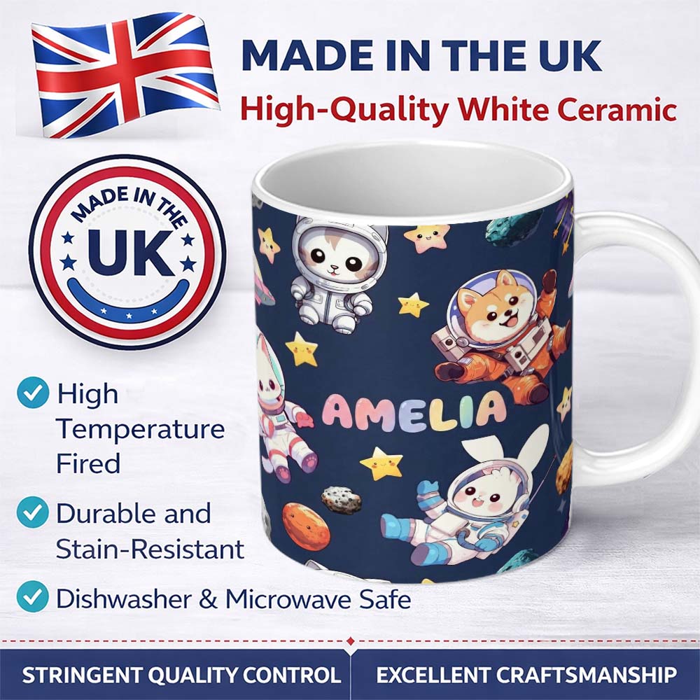 Personalized Custom Name Space Animals Astronaut Dog Bunny UFO Stars Seamless Navy 11oz Ceramic Coffee Tea Mug White Large Handle