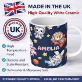Personalized Custom Name Space Animals Astronaut Dog Bunny UFO Stars Seamless Navy 11oz Ceramic Coffee Tea Mug White Large Handle