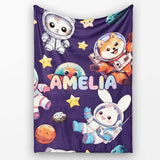 Space Animals Astronaut Dog Bunny UFO Stars Seamless Purple  Personalised Custom Name Super Soft Fleece Blanket Bed Sofa Throw