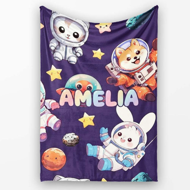 Space Animals Astronaut Dog Bunny UFO Stars Seamless Purple  Personalised Custom Name Super Soft Fleece Blanket Bed Sofa Throw