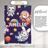 Space Animals Astronaut Dog Bunny UFO Stars Seamless Purple  Personalised Custom Name Super Soft Fleece Blanket Bed Sofa Throw