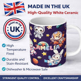 Personalized Custom Name Space Animals Astronaut Dog Bunny UFO Stars Seamless Purple 11oz Ceramic Coffee Tea Mug White Large Handle