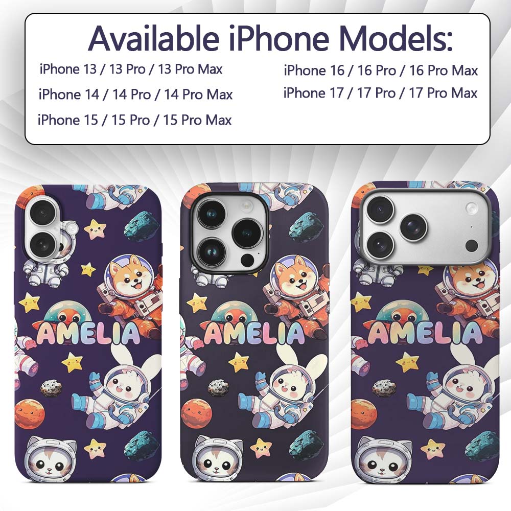 Space Animals Astronaut Dog Bunny Printed Design Custom Name Protective Phone Case Mobile Cover Durable Everyday Smartphone Shock Resistant