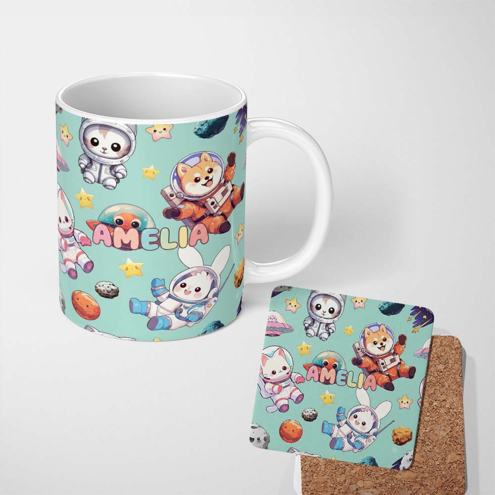 Personalized Custom Name Space Animals Astronaut Dog Bunny UFO Stars Seamless Mint 11oz Ceramic Coffee Tea Mug White Large Handle