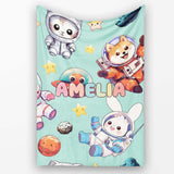 Space Animals Astronaut Dog Bunny UFO Stars Seamless Mint  Personalised Custom Name Super Soft Fleece Blanket Bed Sofa Throw