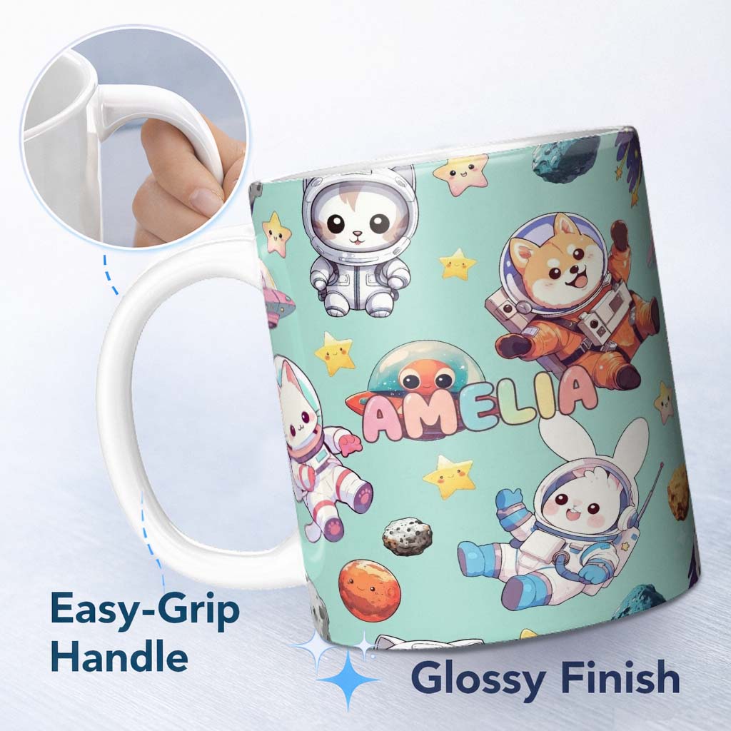 Personalized Custom Name Space Animals Astronaut Dog Bunny UFO Stars Seamless Mint 11oz Ceramic Coffee Tea Mug White Large Handle