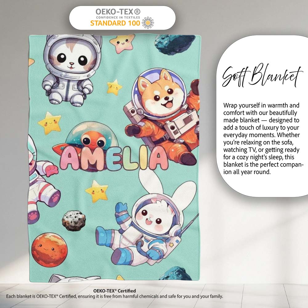 Space Animals Astronaut Dog Bunny UFO Stars Seamless Mint  Personalised Custom Name Super Soft Fleece Blanket Bed Sofa Throw