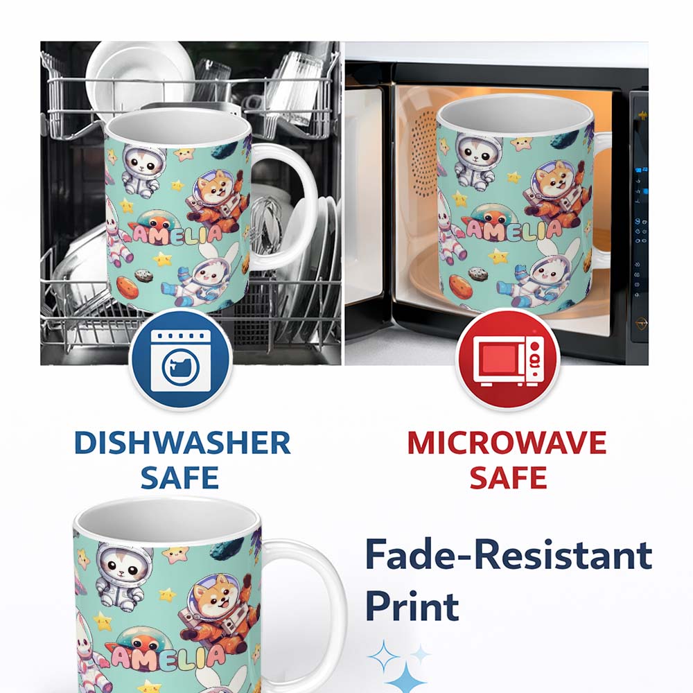 Personalized Custom Name Space Animals Astronaut Dog Bunny UFO Stars Seamless Mint 11oz Ceramic Coffee Tea Mug White Large Handle