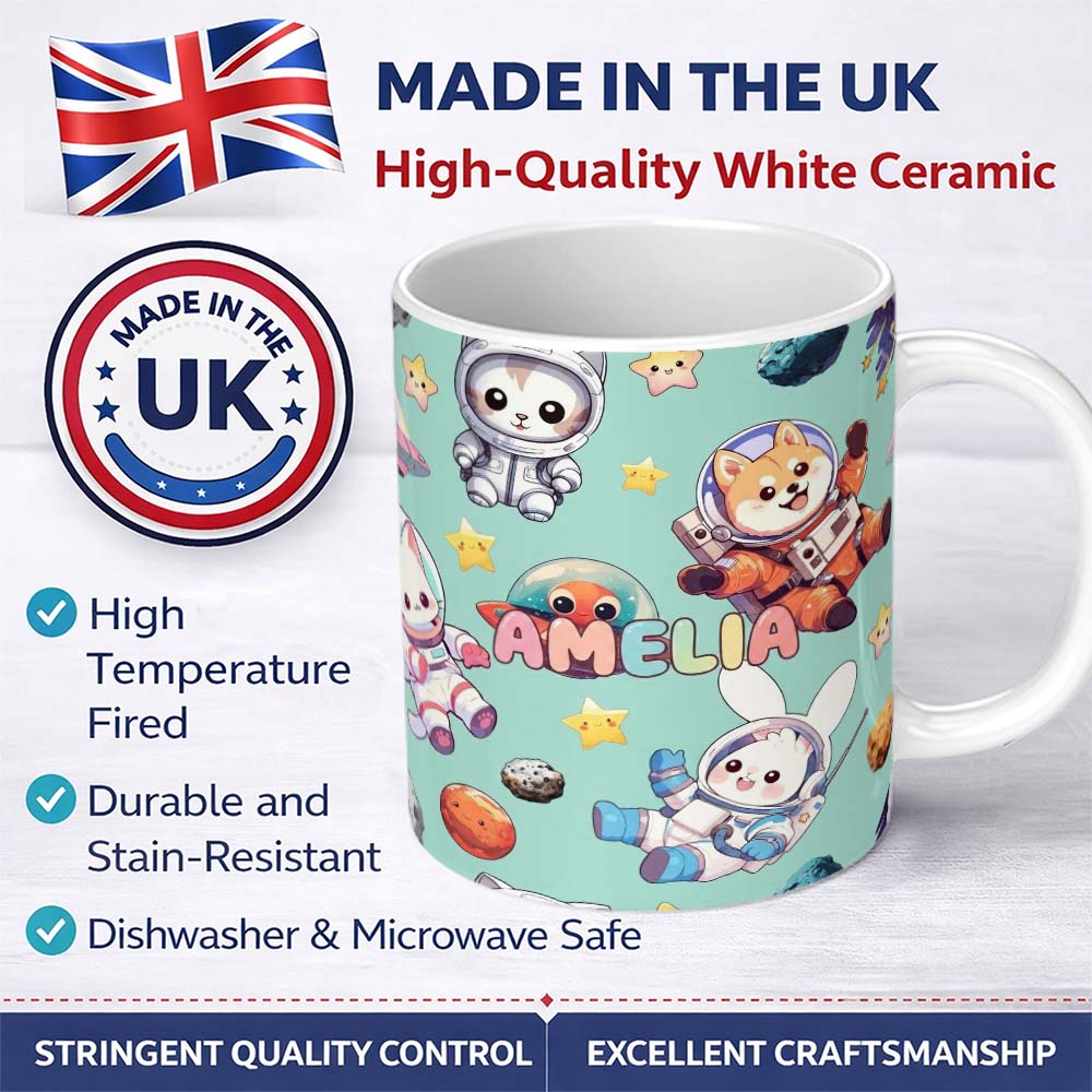 Personalized Custom Name Space Animals Astronaut Dog Bunny UFO Stars Seamless Mint 11oz Ceramic Coffee Tea Mug White Large Handle