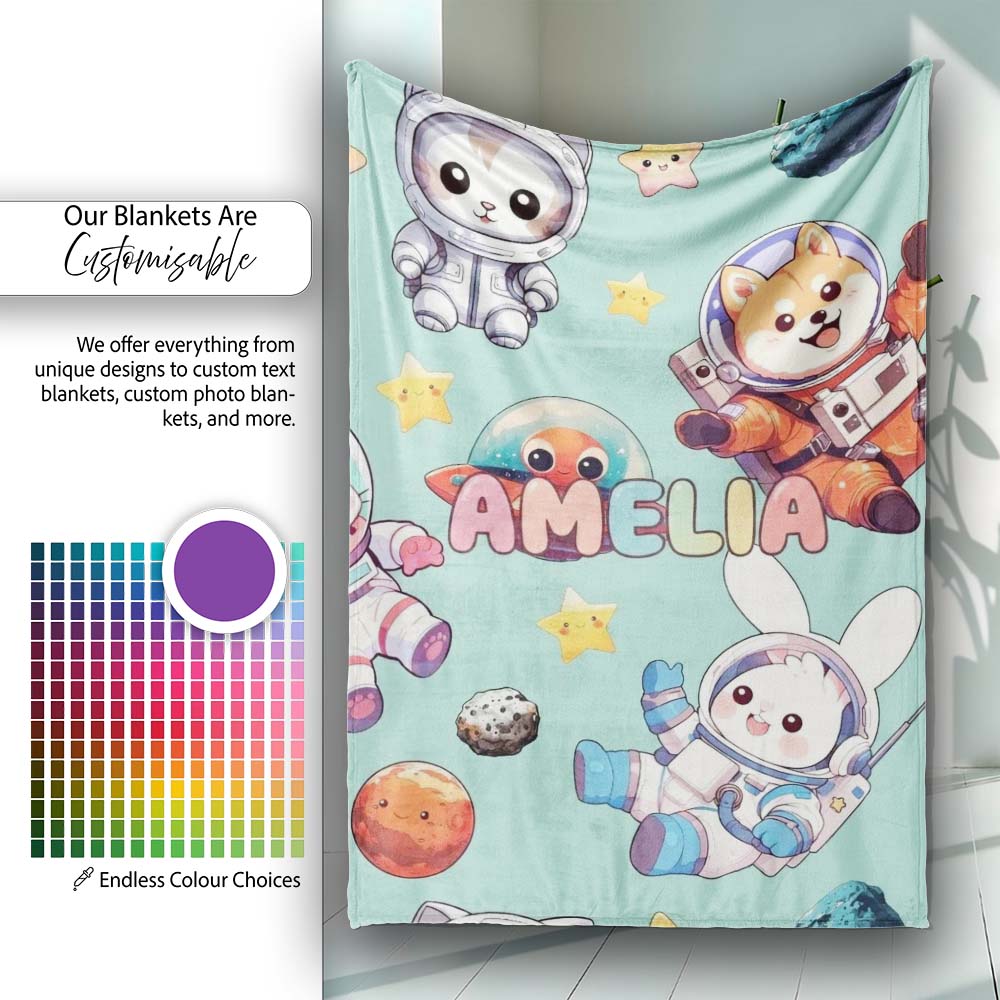 Space Animals Astronaut Dog Bunny UFO Stars Seamless Mint  Personalised Custom Name Super Soft Fleece Blanket Bed Sofa Throw