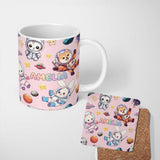 Personalized Custom Name Space Animals Astronaut Dog Bunny UFO Stars Seamless Blush Pink 11oz Ceramic Coffee Tea Mug White Large Handle