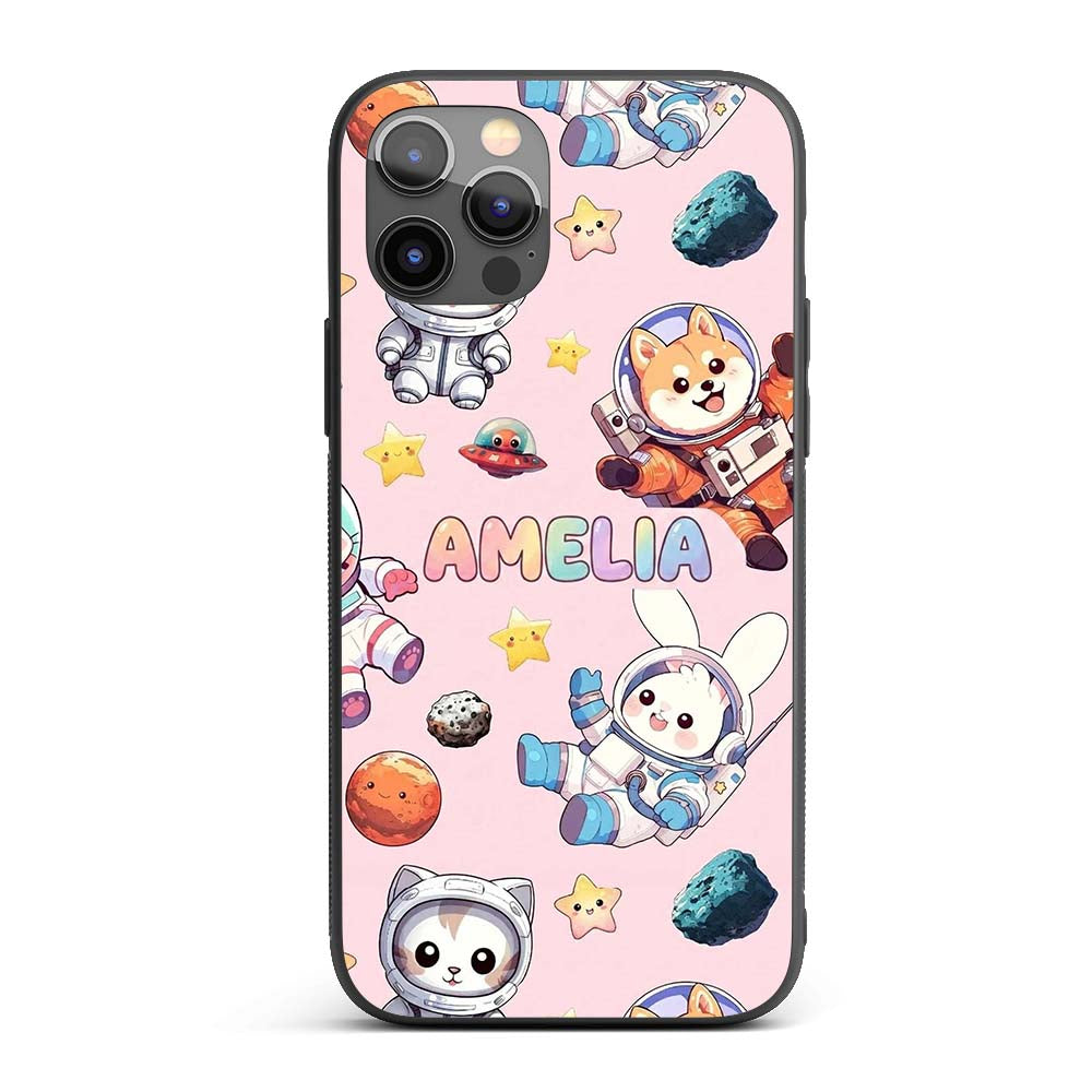 Space Animals Astronaut Dog Bunny Printed Design Custom Name Protective Phone Case Mobile Cover Durable Everyday Smartphone Shock Resistant