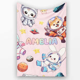Space Animals Astronaut Dog Bunny UFO Stars Seamless Blush Pink  Personalised Custom Name Super Soft Fleece Blanket Bed Sofa Throw