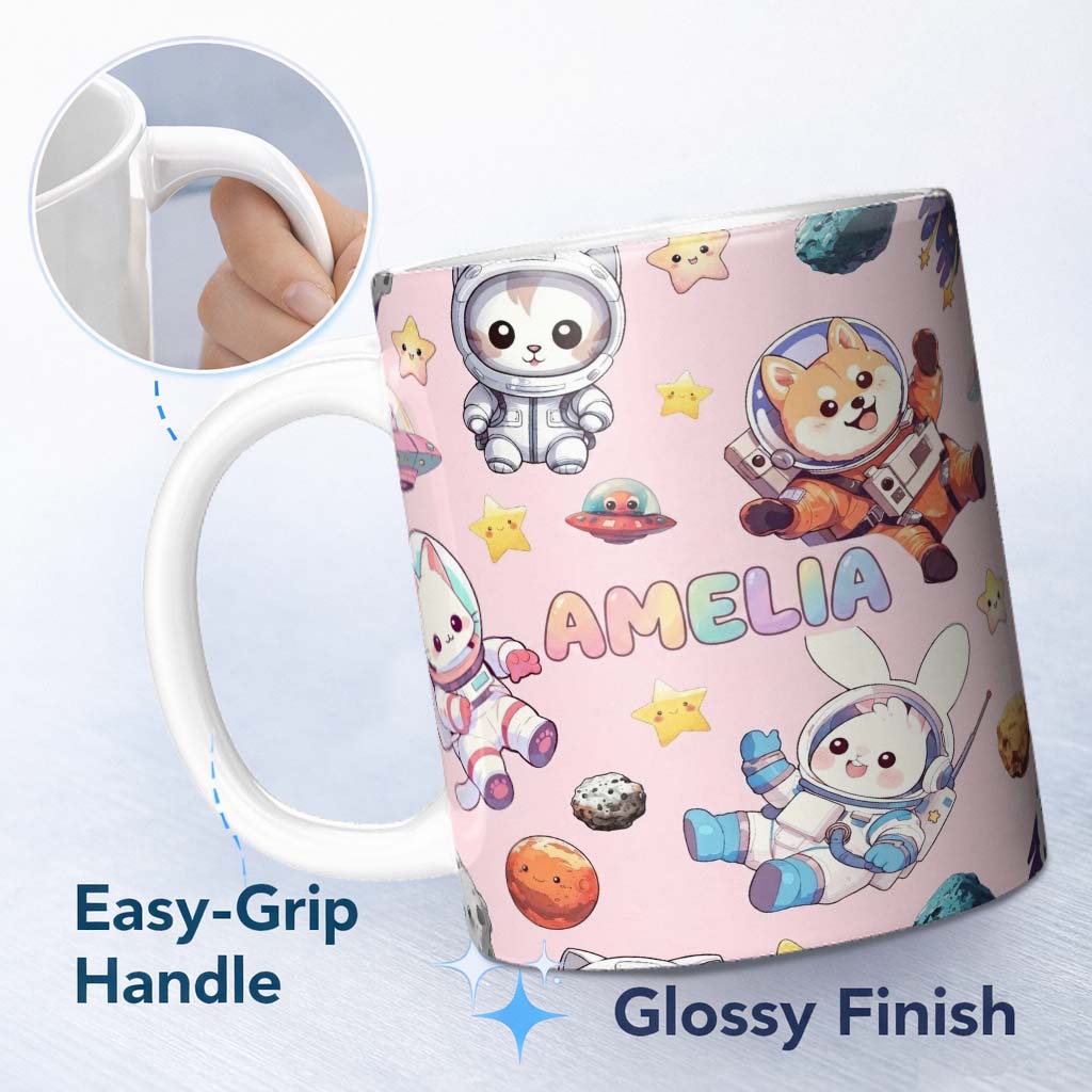 Personalized Custom Name Space Animals Astronaut Dog Bunny UFO Stars Seamless Blush Pink 11oz Ceramic Coffee Tea Mug White Large Handle