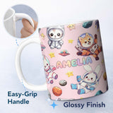 Personalized Custom Name Space Animals Astronaut Dog Bunny UFO Stars Seamless Blush Pink 11oz Ceramic Coffee Tea Mug White Large Handle