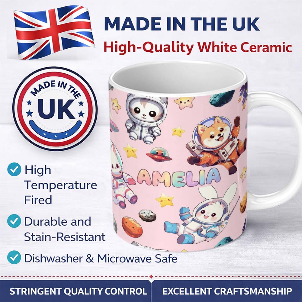 Personalized Custom Name Space Animals Astronaut Dog Bunny UFO Stars Seamless Blush Pink 11oz Ceramic Coffee Tea Mug White Large Handle